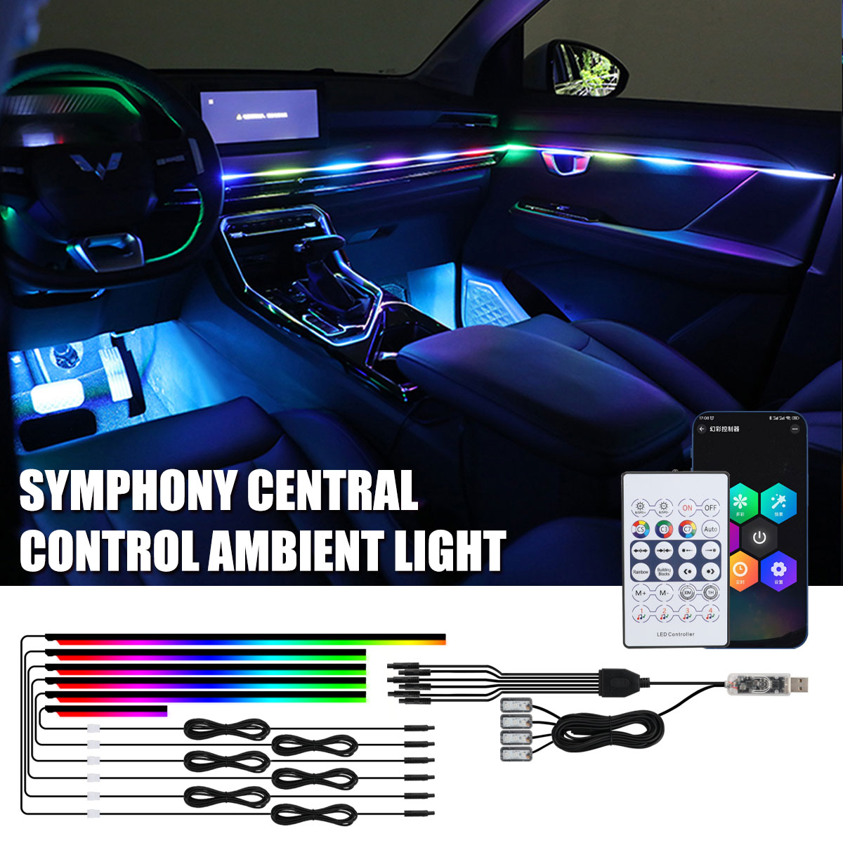 Led Ambient Interior Car Lights App Control - Luces ambientales universales sinfónicas para coche,